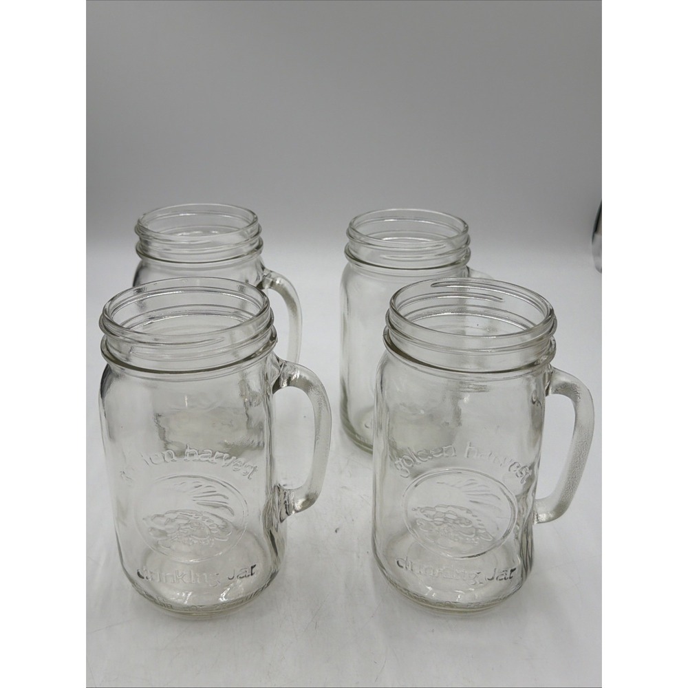 VTG Golden Harvest 32 Oz Wide Mouth Mason Drinking Jars W/Handle Set Of 4 EUC